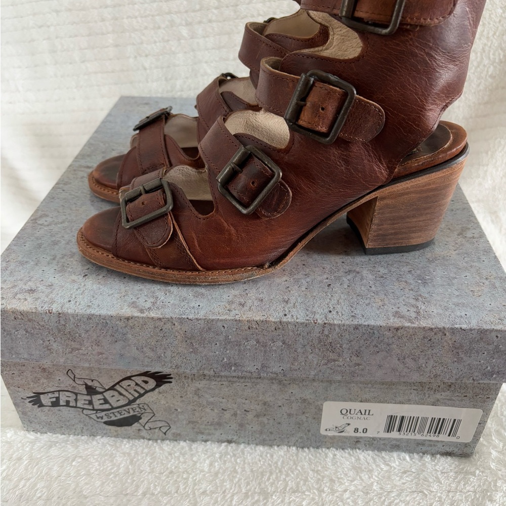 Freebird Quail Cognac Size 8 Women's Leather Buckle Sandals - Picture 5 of 7